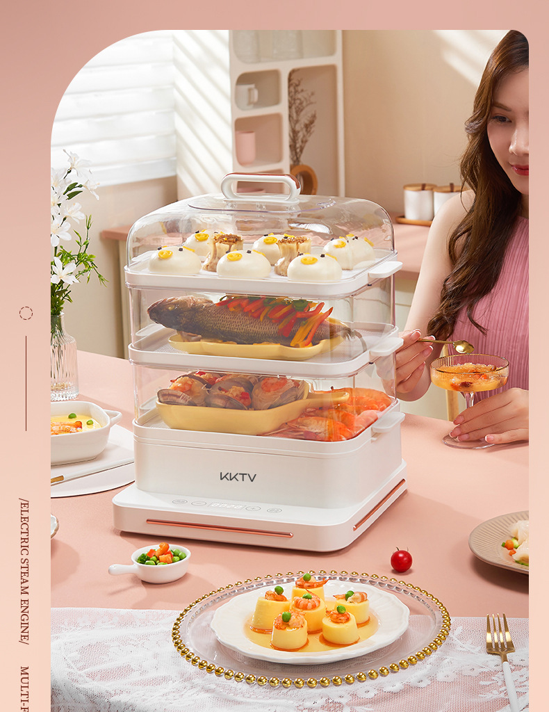 KKTV electric steamer, household three-layer multi-functional, with preset timing, automatic power-off, steamer and cooking pot, large capacity pic 11