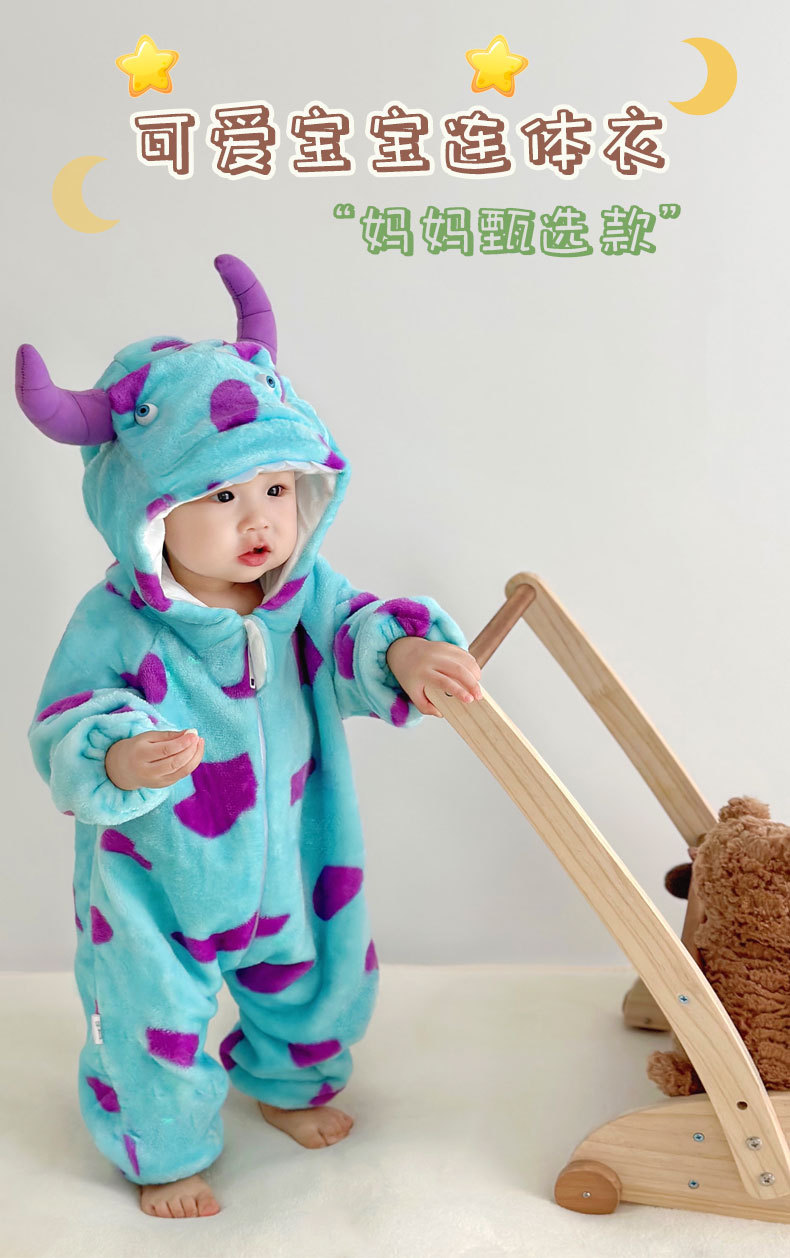 跨境新生婴儿衣服春秋宝宝连体衣法兰绒保暖可爱超萌居家连体睡衣详情1