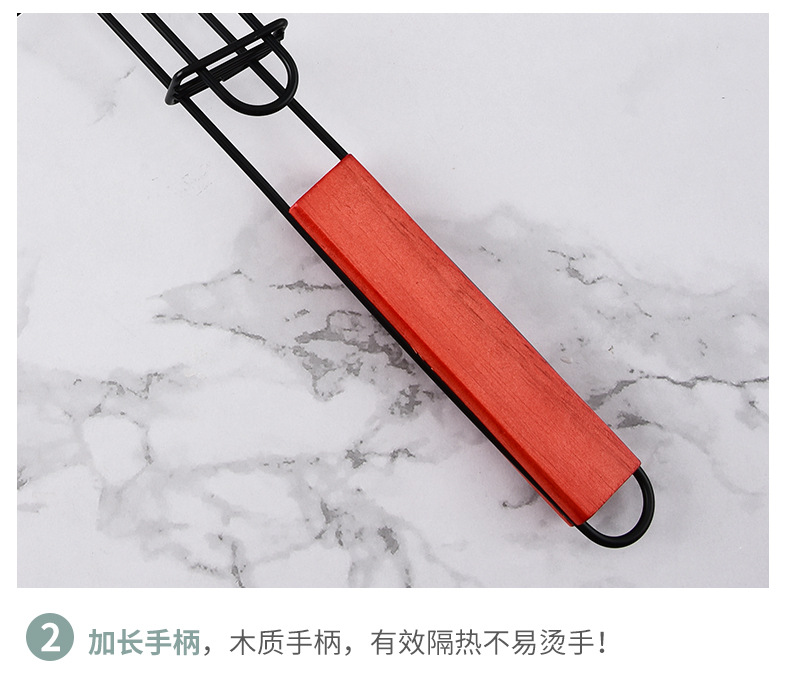跨境户外木柄热狗烧烤夹不粘火腿香肠烤网多功能野营BBQ烧烤工具详情9
