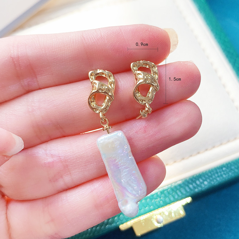 铜镀真金14k包金不规则敲打面耳钉耳针配饰巴洛克淡水珠异性耳钉详情4