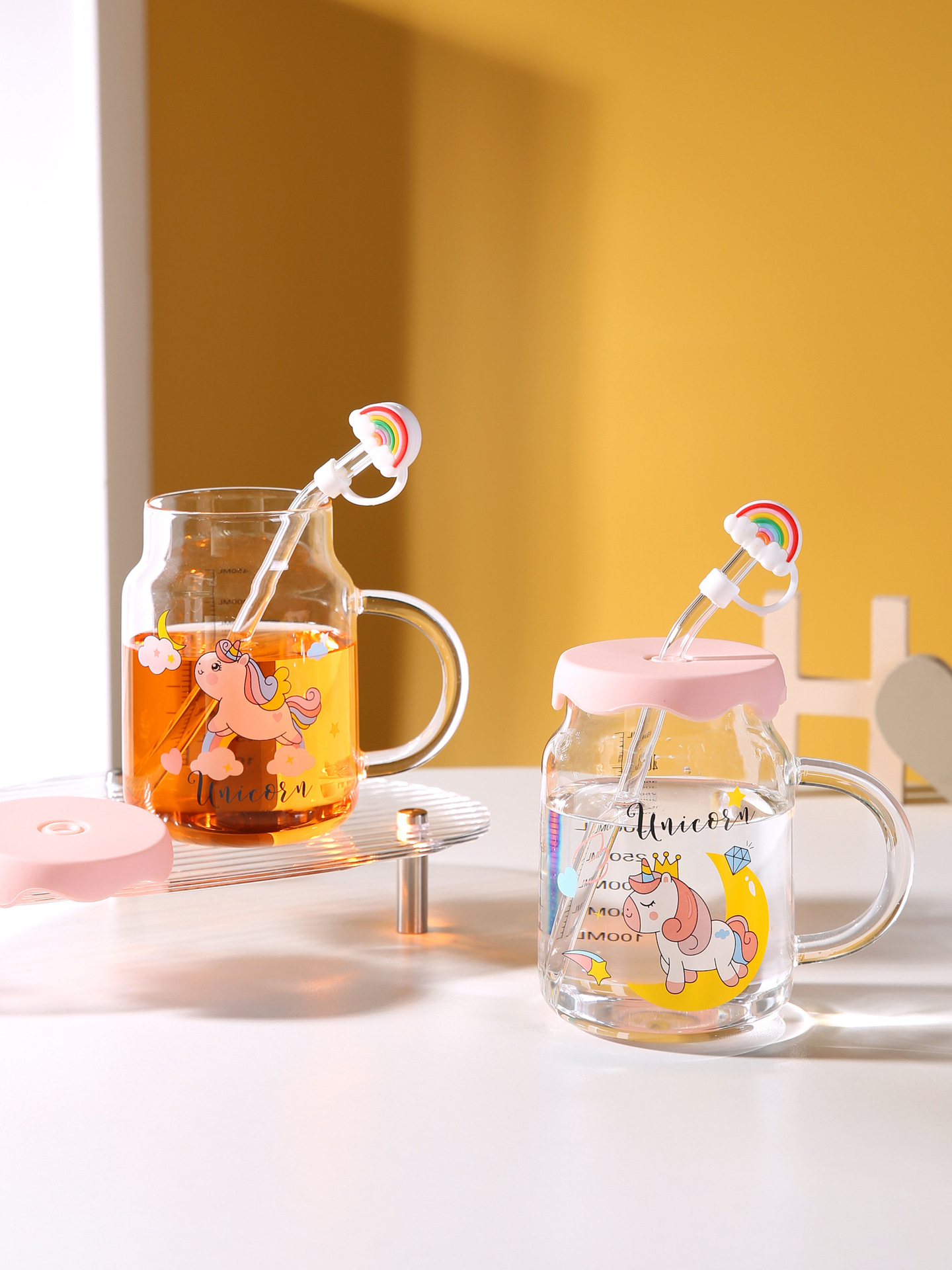 家用高颜值可爱卡通独角兽玻璃杯带盖带吸管女生办公室早餐牛奶杯详情7