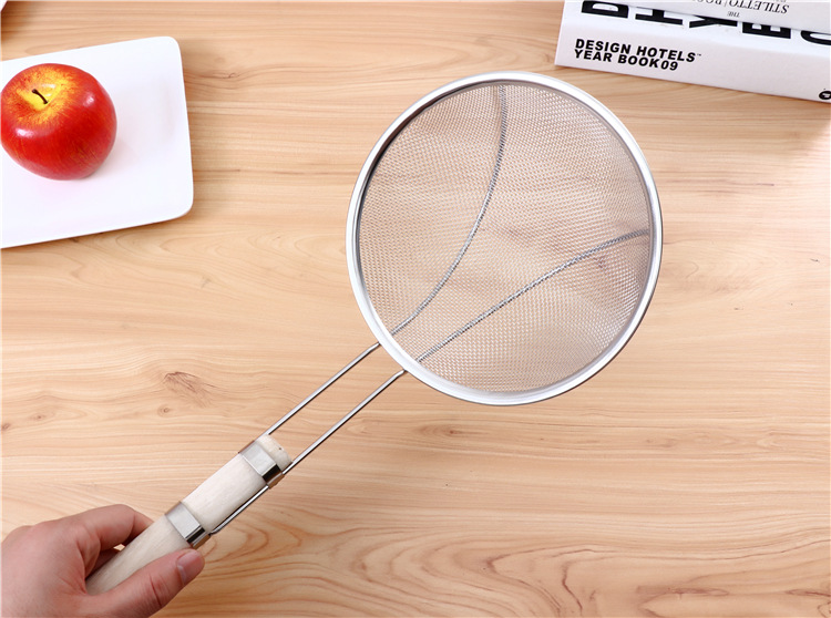 16-26# wooden handle double-wire reinforced stainless steel mesh strainer, kitchen wooden handle stainless steel filter screen strainer pic 1