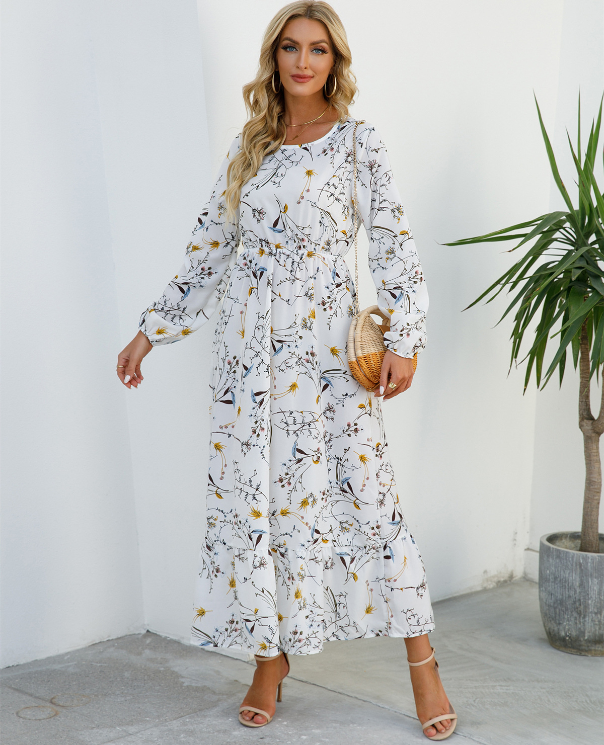 European and American floral long, round-neck, long-sleeved, waist-cinching and slimming dress pic 56