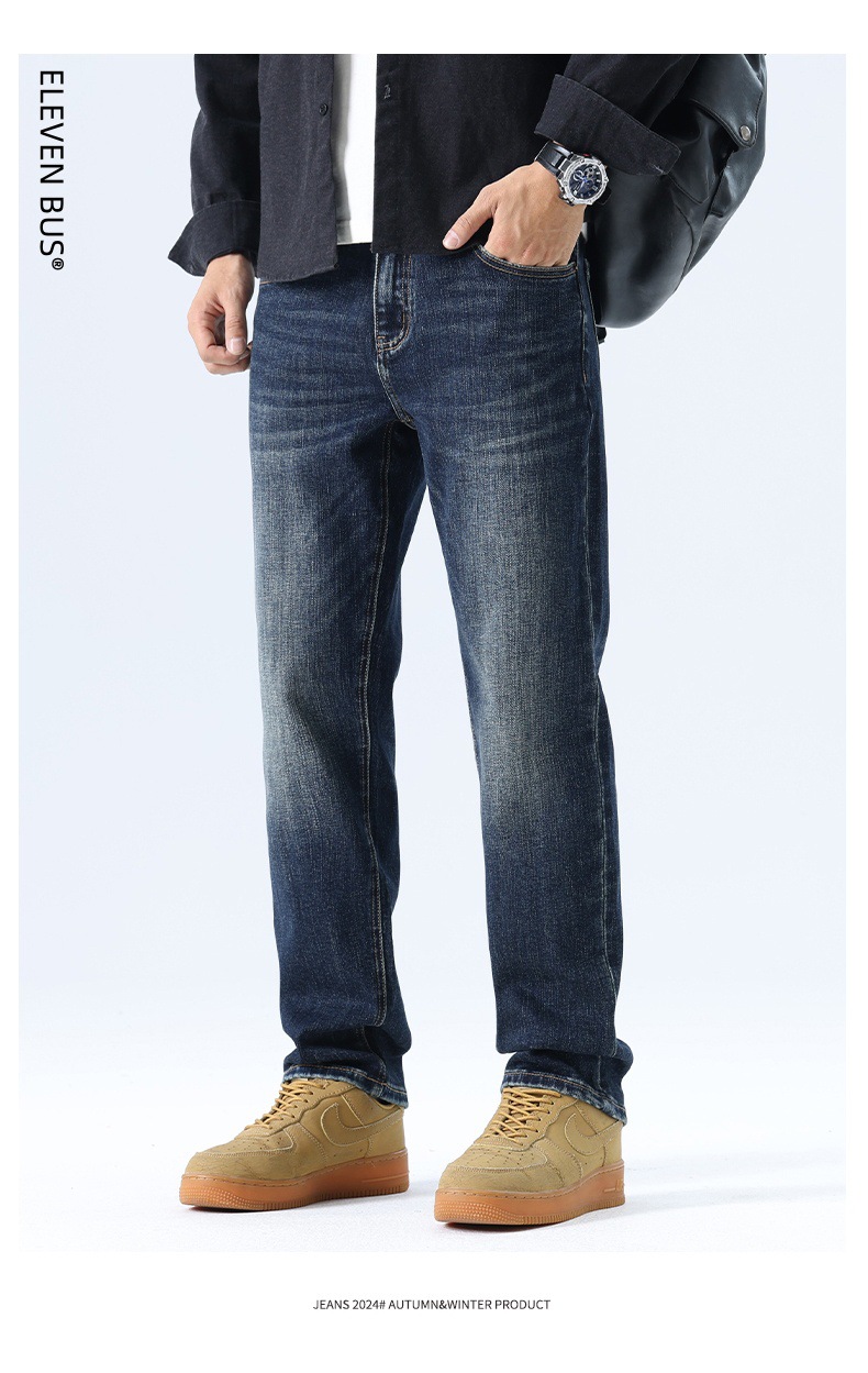 American trendy stretch jeans for men, thickened with fleece, loose straight leg, casual and versatile washed long pants for men pic 13