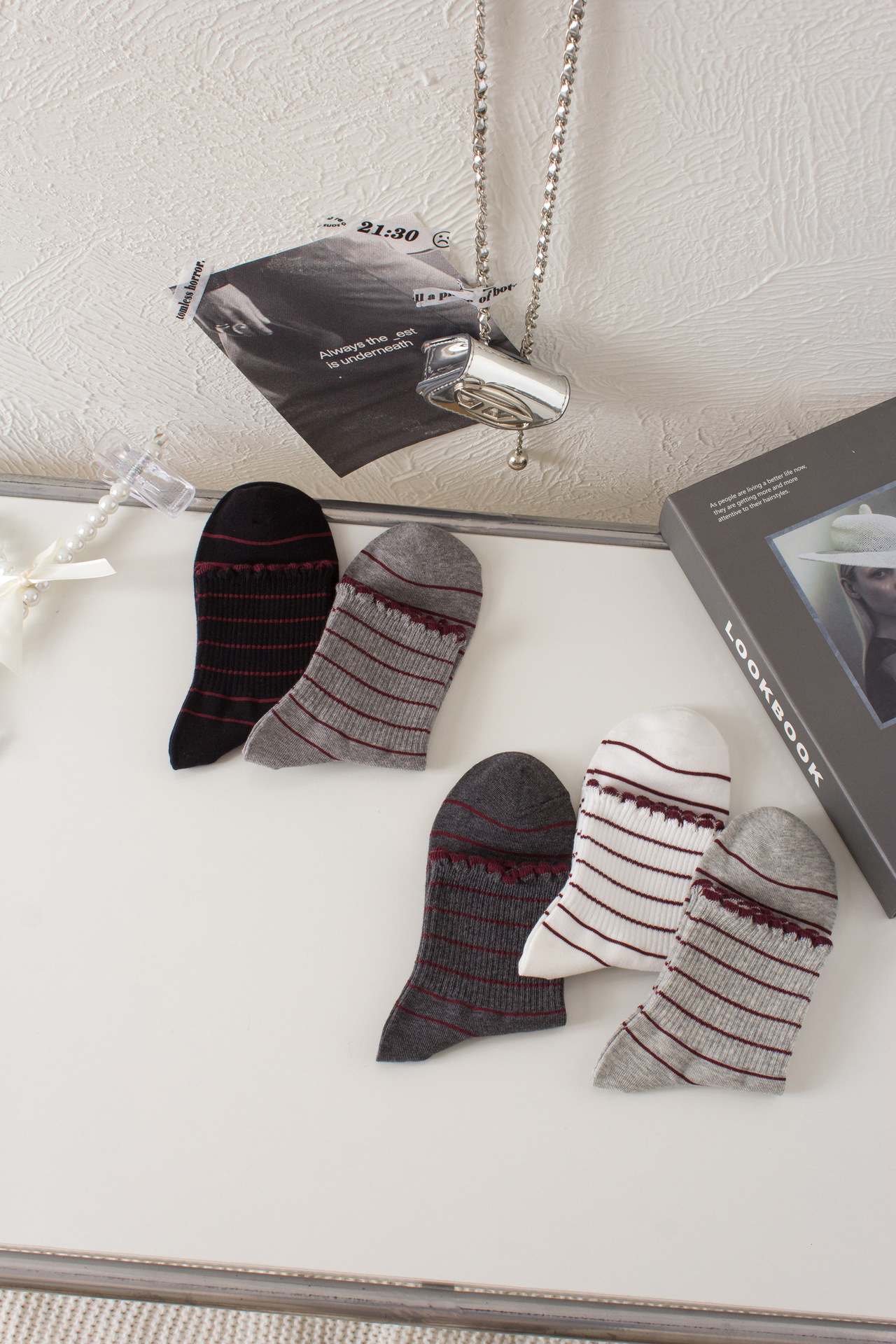 Autumn and winter grey striped socks for women, mid-calf cotton socks, ins trendy Japanese Ankola red flower-trimmed long socks pic 3