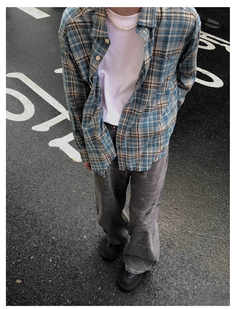 高货复古格纹法兰绒流苏破坏格子衬衫cleanfit设计感男女春季上衣详情1