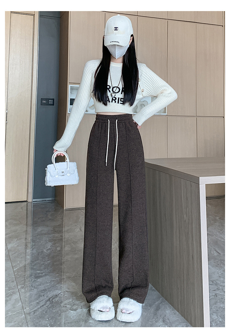 灰色直筒裤女秋冬裤子2024新款人字纹毛呢裤长裤羊羔绒窄版阔腿裤详情16