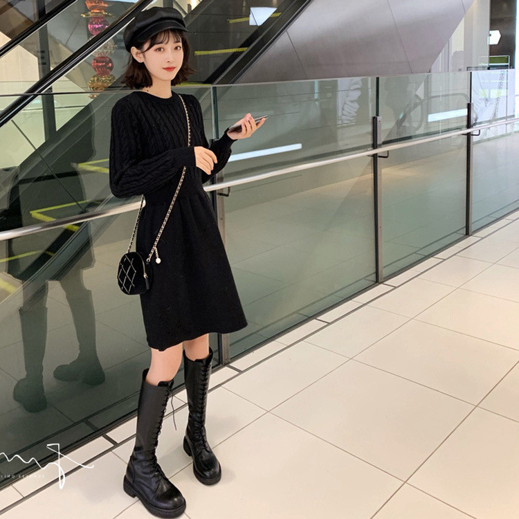 麻花拼接秋冬季连衣裙女高腰显瘦针织裙子现货批发新款女装详情19