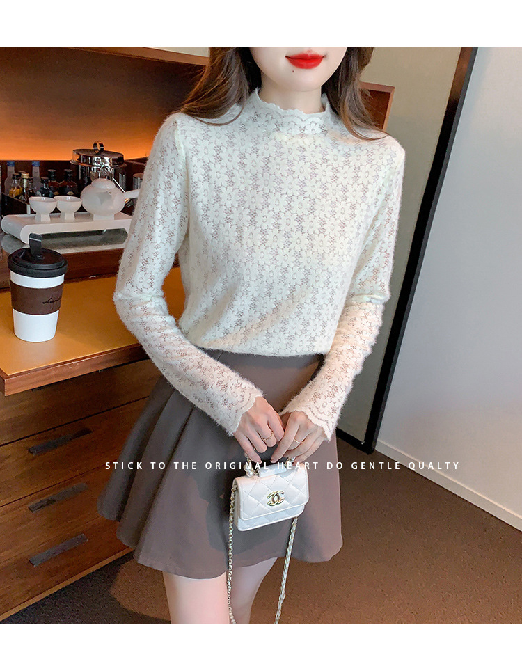 A stylish and youthful 2023 autumn collection, paired with a semi-high-neck top, long-sleeved small stand-up collar, and a youthful lace base layer for women pic 12