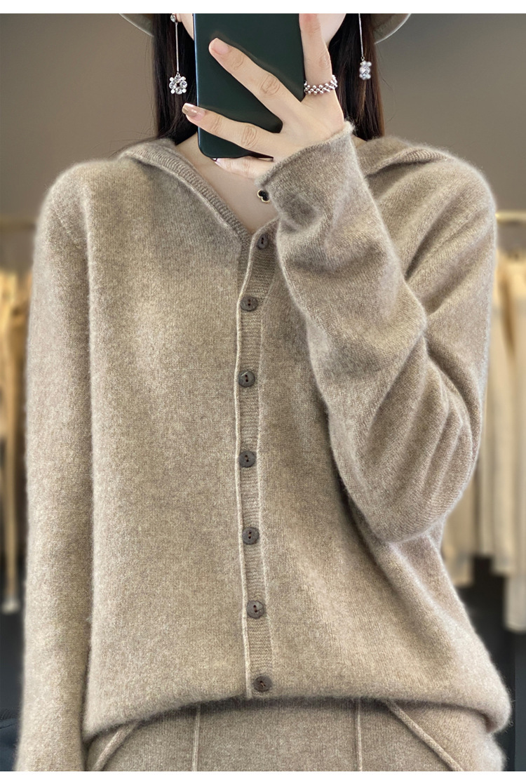 女士连帽100羊毛衫开衫百搭秋冬新款纯色一线成衣潮卫衣针织外套详情15