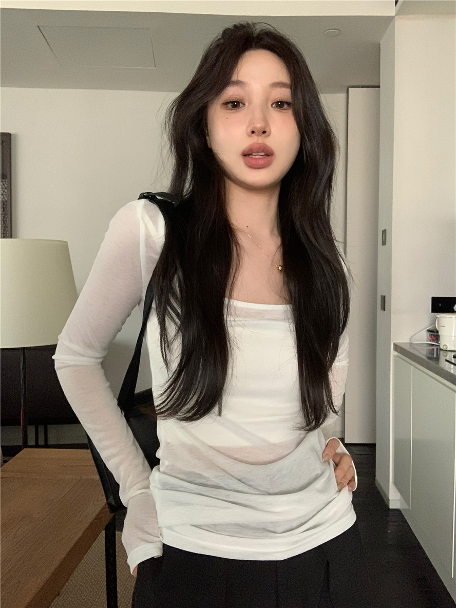 基础款纯色简约百搭舒适慵懒风薄款上衣U领打底衫内搭长袖t恤女详情18