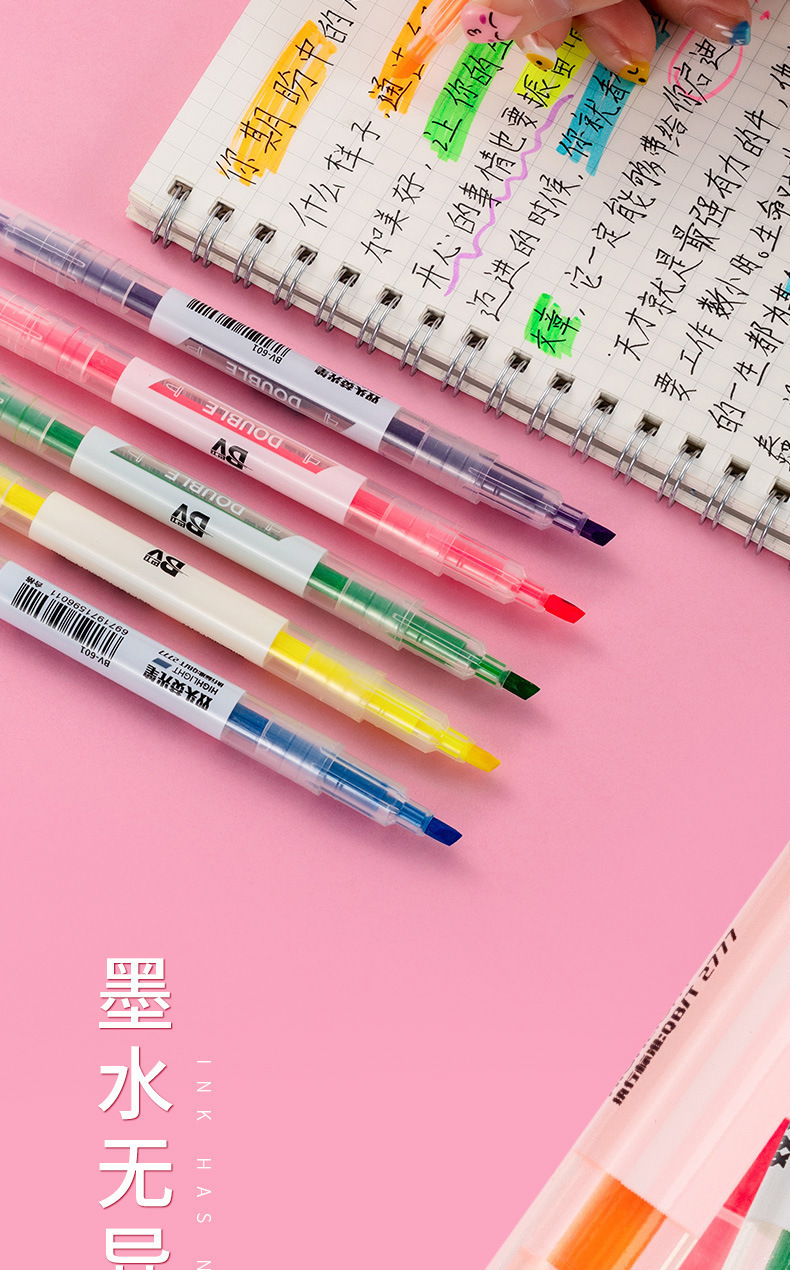 Grueso y fino doble cabeza highlighter hand book pen gran capacidad wholesale 6pcs set color candy stroke focus pen marcador pen pic 7