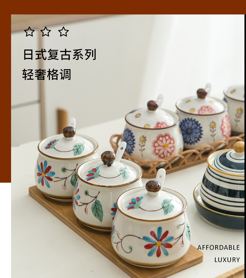 日式调味罐陶瓷猪油罐耐高温大容量厨房餐具带盖勺多款式热销套装详情6