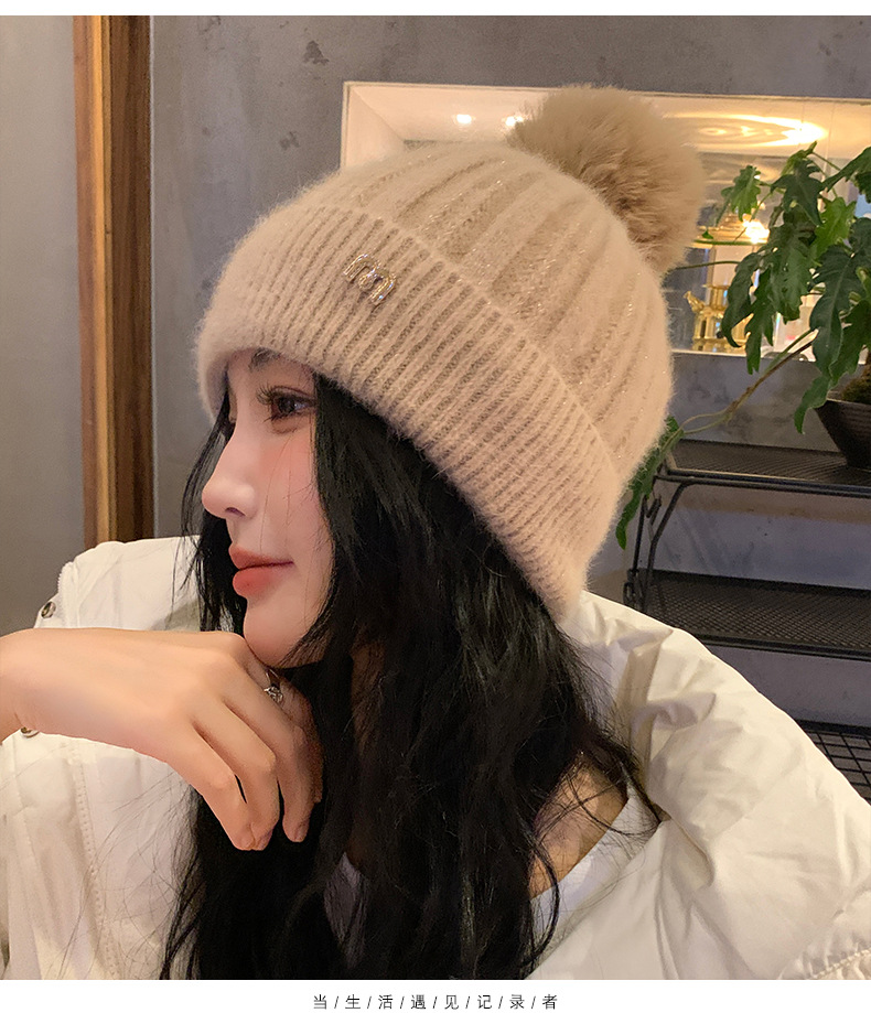 新款秋冬季针织毛球显脸小套头帽户外加绒保暖女甜美护耳毛线帽子详情21