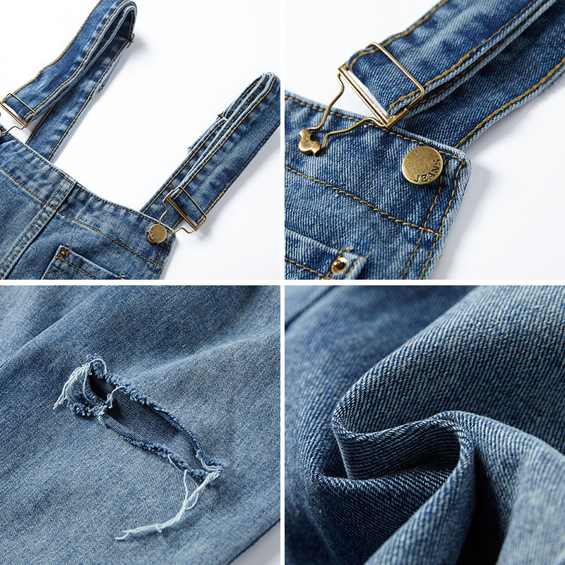 Ripped denim overalls for female students, new autumn style loose Korean-style wide-leg straight-leg simple halter nine-inch pants pic 4