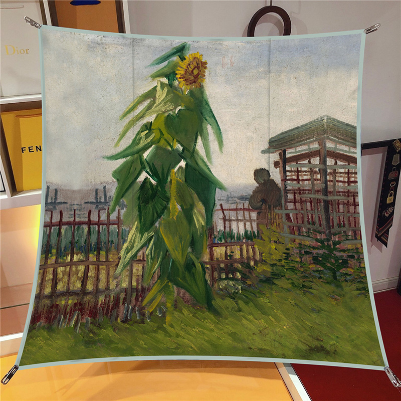 艺术山水油画缎面90方巾高档梵高油画装饰艺术展画展裱画女士围巾详情9