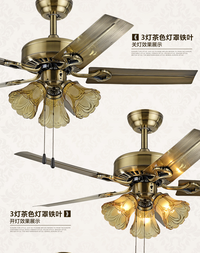 Industrial ceiling fan lights, European-style wood leaf bedroom electric fan lights, retro living room chandeliers, iron leaf dining room fan lights pic 13