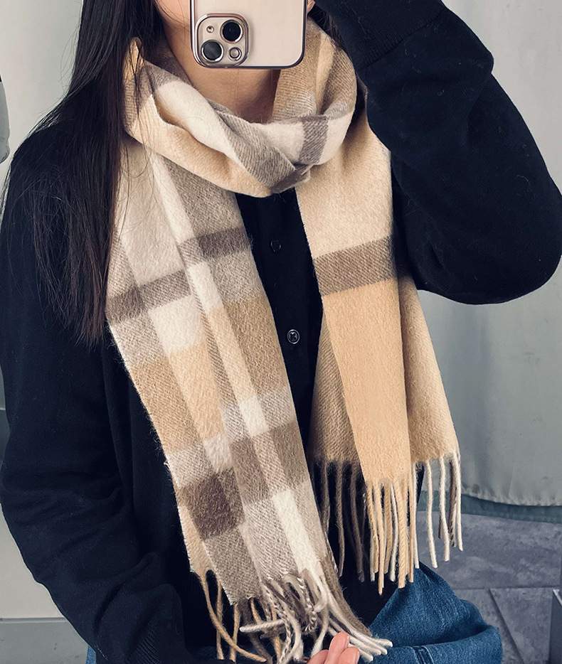 复古绿色格子围巾女冬季仿羊绒围脖女学生日礼物福利冬天流苏百搭详情10