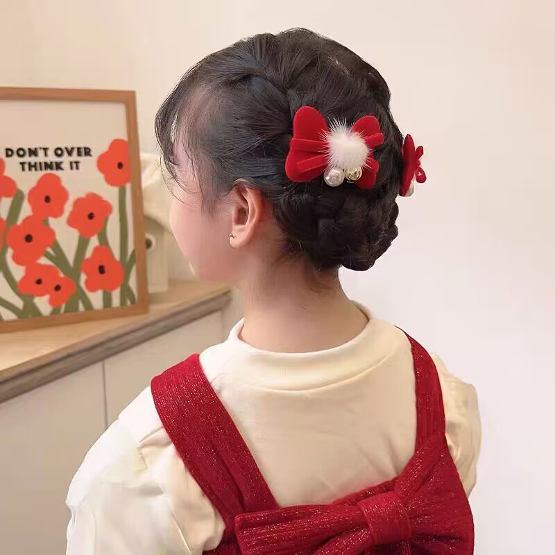 儿童红色貂绒发夹喜庆新年古风发饰女童宝宝春节汉服发卡少女头饰详情42