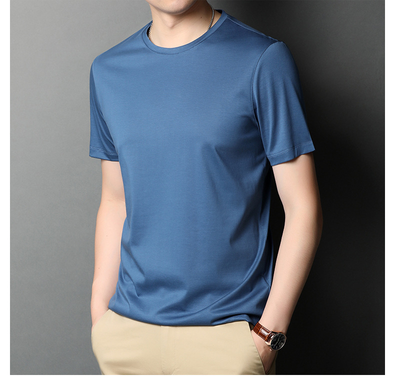 A new short-sleeved T-shirt for men made of mulberry silk in summer, with a round neck and solid color. It is a simple and thin Korean-style trendy base layer made of silk pic 45