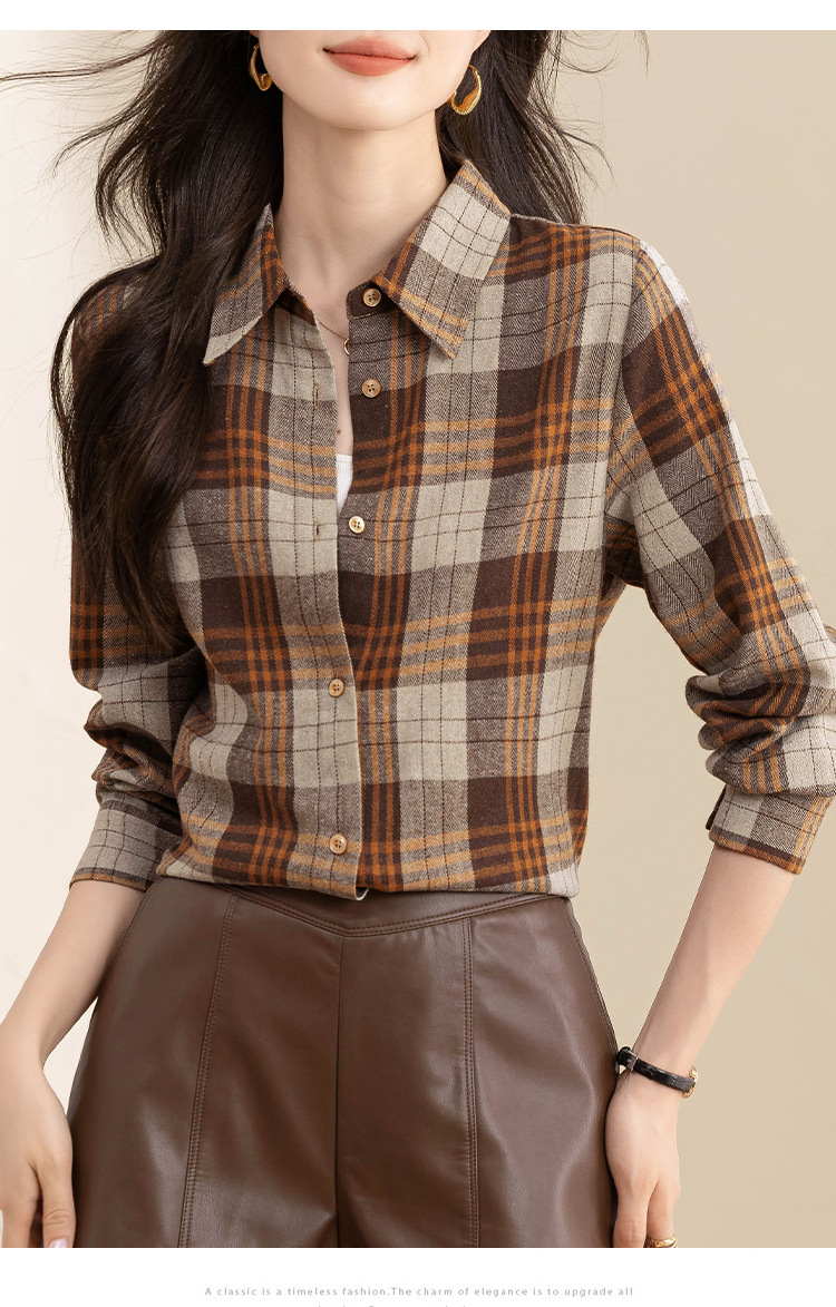 复古格子衬衫女长袖秋冬装新款中长款宽松上衣设计感小众磨毛衬衣详情15