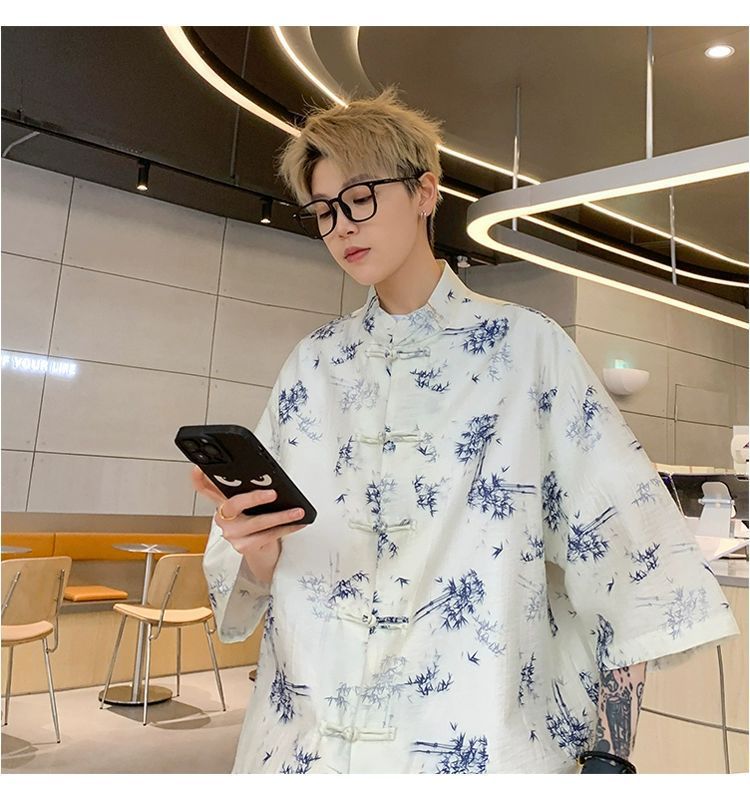 国潮青少年中国风竹子免烫处理短袖衬衫男夏季新中式盘扣潮流宽松半袖详情7