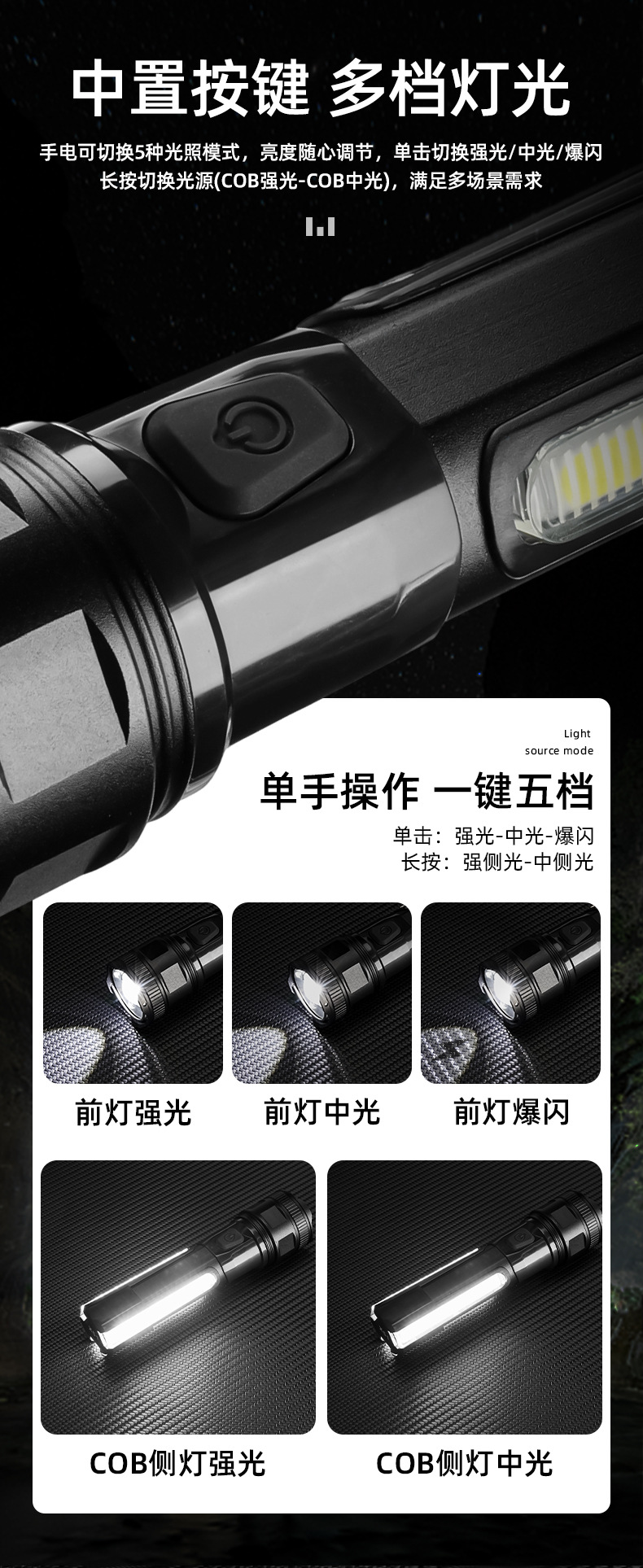 厂家批发ABS塑料小手电 led户外应急手持可充电强光手电筒带侧灯详情9