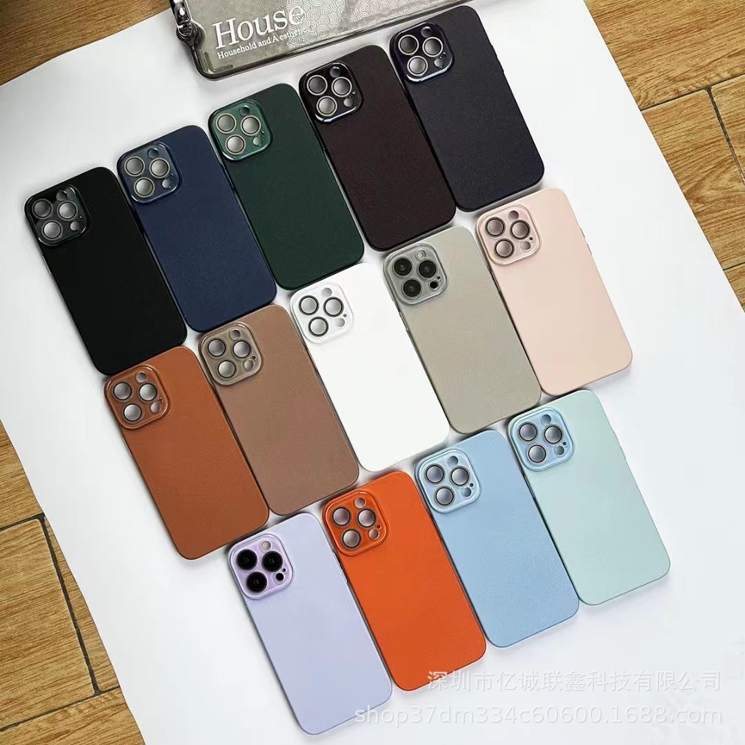 Lychee pattern solid color suitable for iPhone 15plus phone case iPhone14 Pro Max crystal lens film 13 matte pic 11