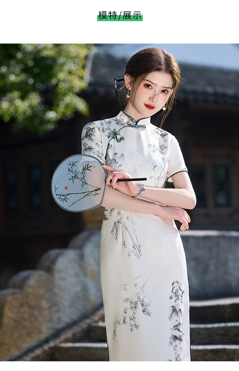 国潮国风水墨画长款醋酸双层改良2025新款年轻款少女复古修身详情9