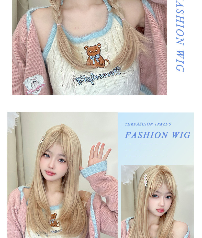 This is the same sweet and cute white gold natural long straight hair bangs JK full head set as the long-haired female Internet celebrity Lisa pic 8