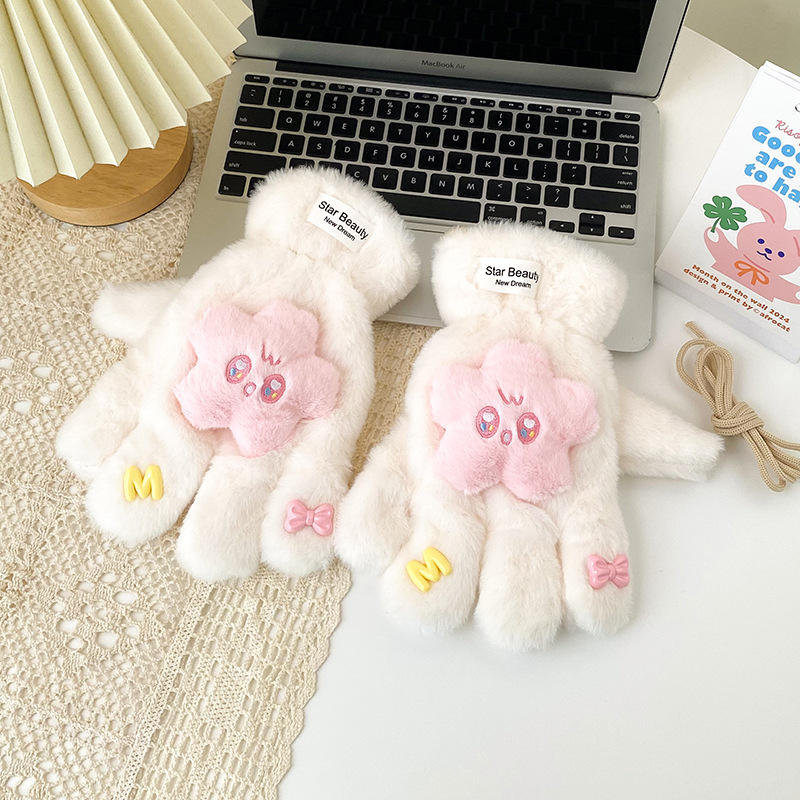 可爱卡通星星手套少女心加厚毛茸茸冬季加绒保暖连指骑车开车围巾详情12