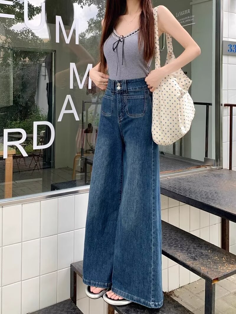 2024春秋季新款蓝色高腰宽松牛仔裤女时尚爆款设计感阔腿直筒长裤详情10
