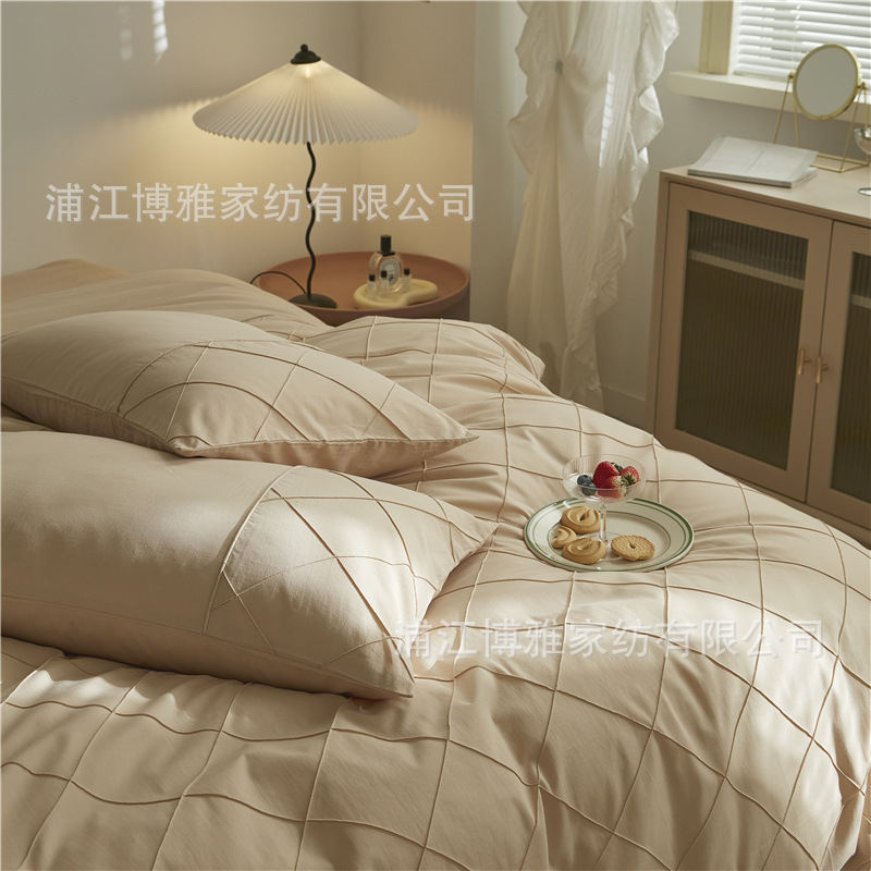 Wholesale of high-quality three or four-piece sets of washed cotton 40-count hand-knitted rhombus-shaped checkered plain pure cotton bedding pic 19