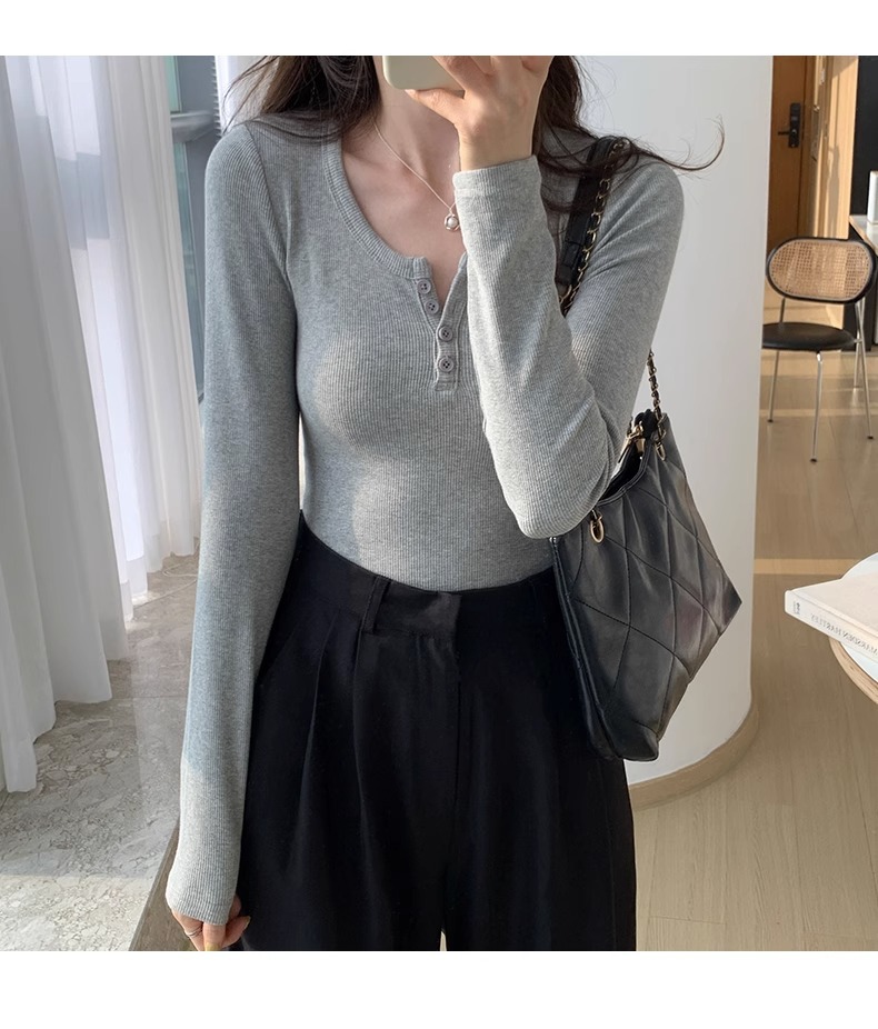 白色长袖t恤女2023秋装新款女装内搭上衣正肩体恤螺纹V领打底衫详情11