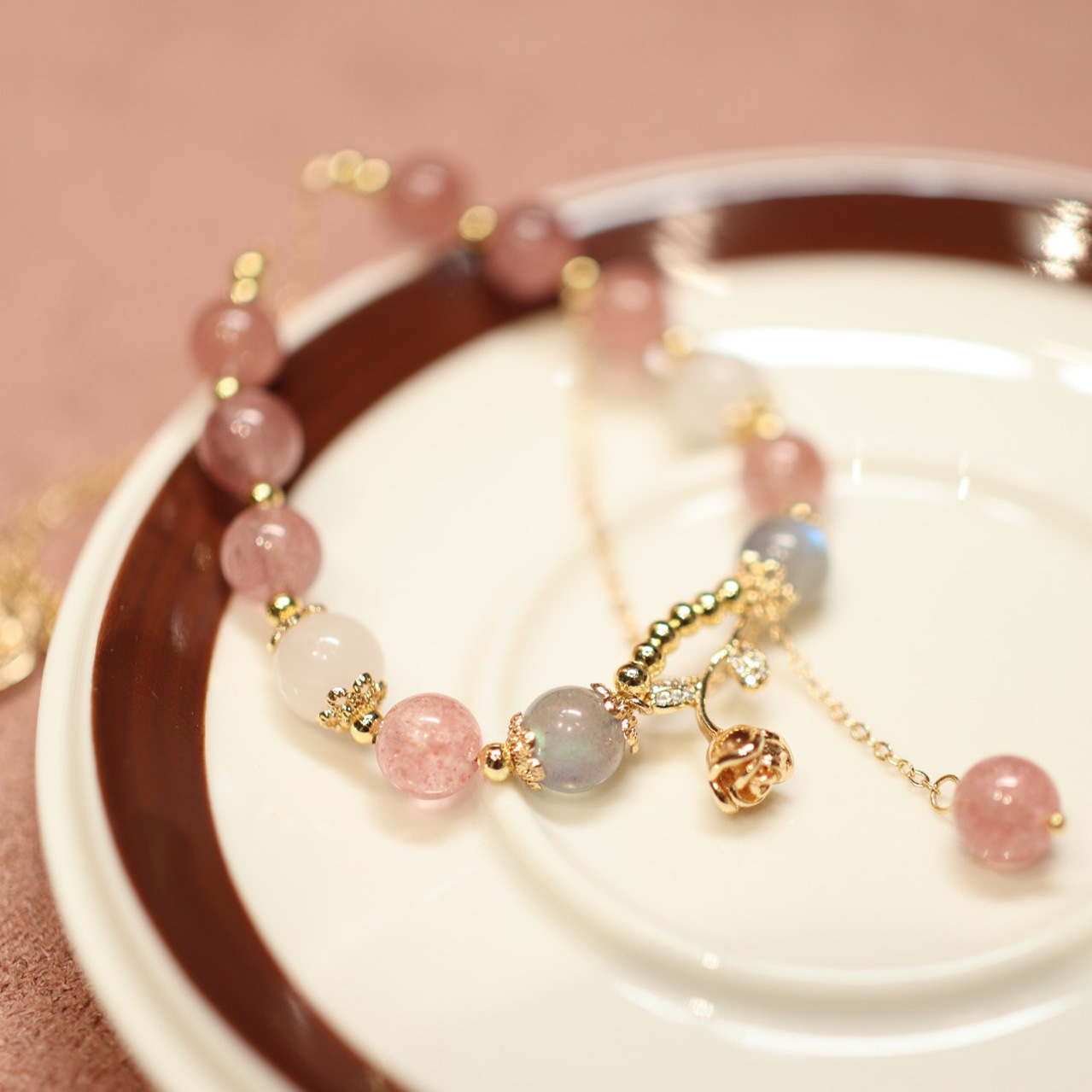 Natural strawberry crystal beaded bracelet, Little Prince and rose pendant bracelet, niche design sense jewelry pic 14