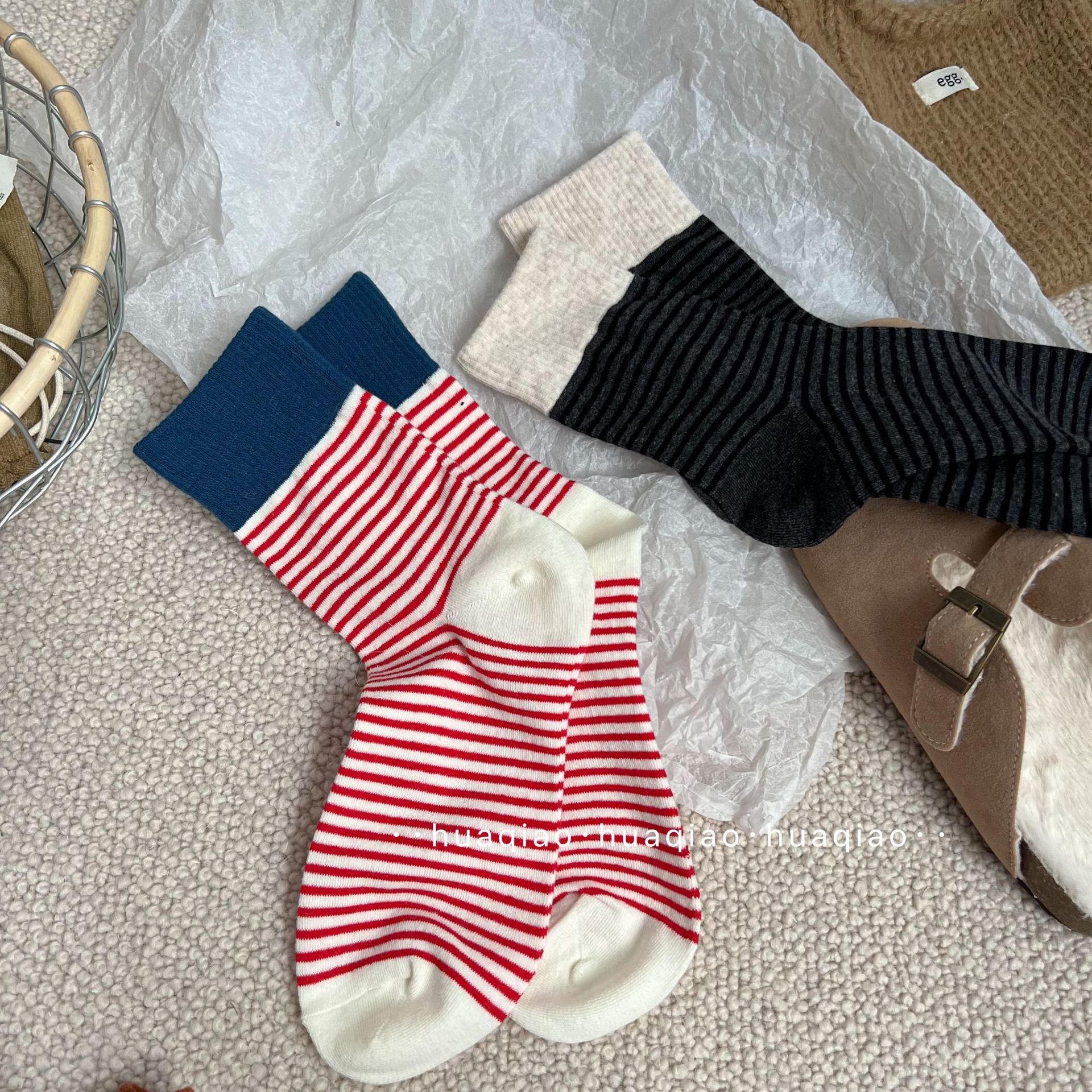 美拉德ins东大门撞色罗口条纹袜秋冬季堆堆袜休闲中筒袜女生袜子详情13