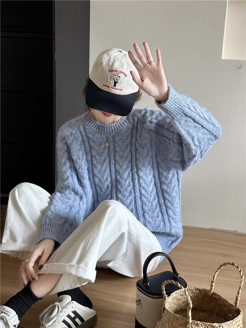 韩系纯色简约慵懒风麻花套头毛衣女秋冬款圆领长袖软糯打底针织衫详情42