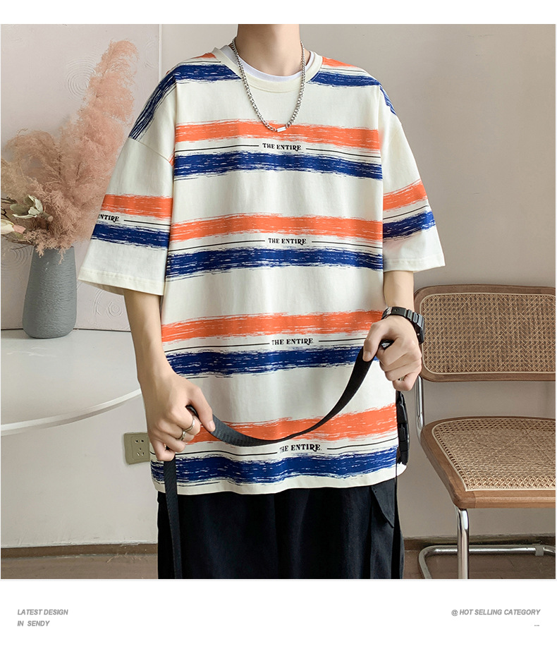 全棉条纹短袖T恤男2024港风青少年百搭宽松五分袖纯棉体恤衣服潮详情20