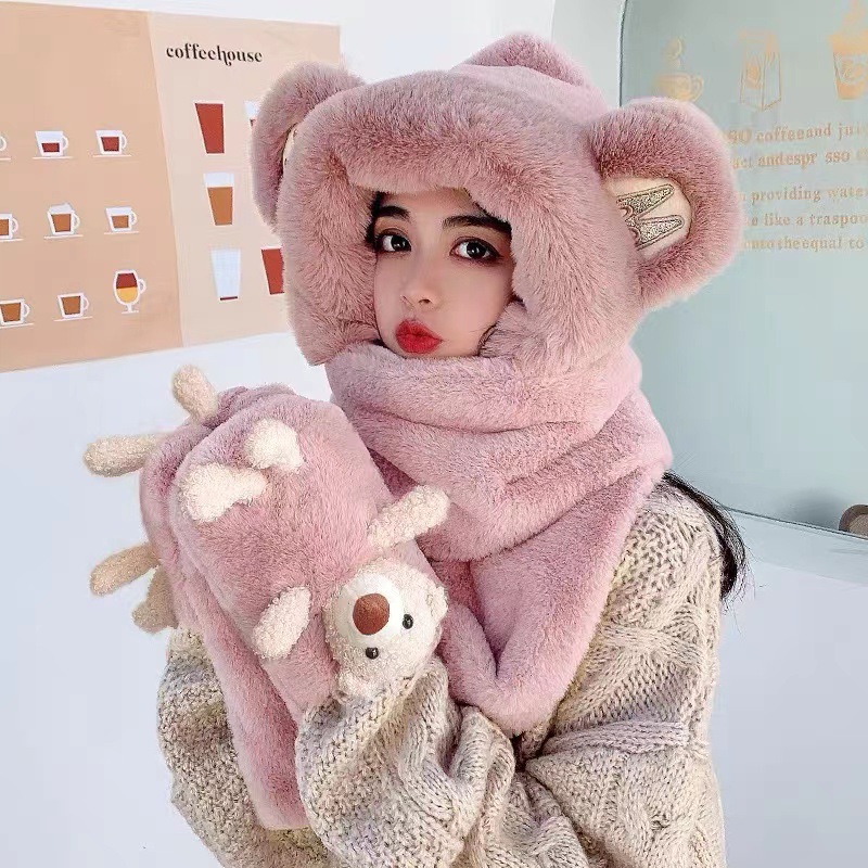 A three-piece warm set featuring a solid color, versatile, cute little bear M ears, hooded gloves and a scarf for women in autumn and winter pic 6