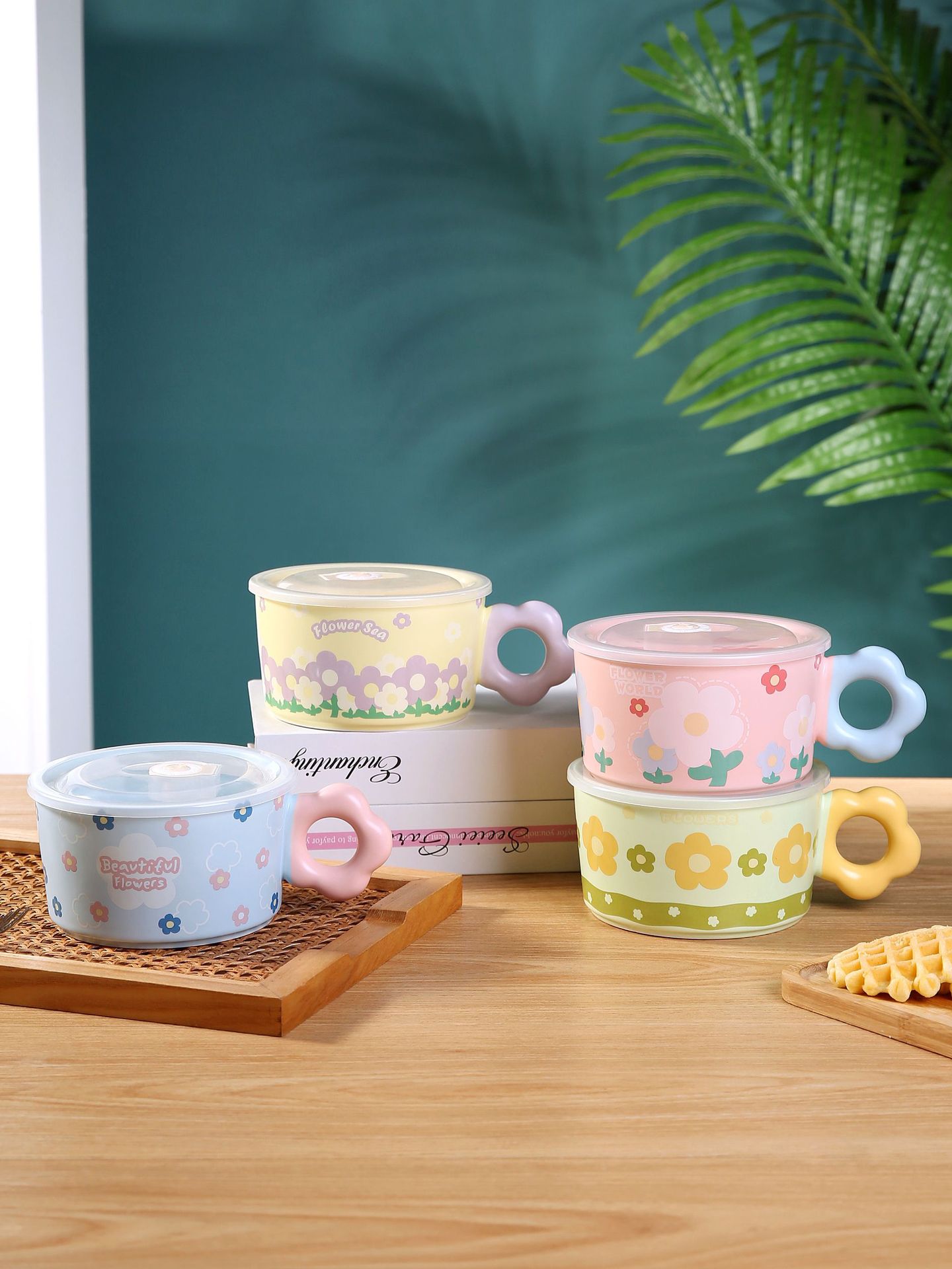 A high-quality, aesthetically pleasing, hand-painted flower-shaped ceramic instant noodle bowl from the pastoral series is a birthday gift for girls in student dormitories pic 3