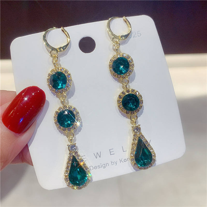 S925银针气质奢华绿色锆石耳扣新款高级水滴时尚百搭女耳环耳饰品详情4