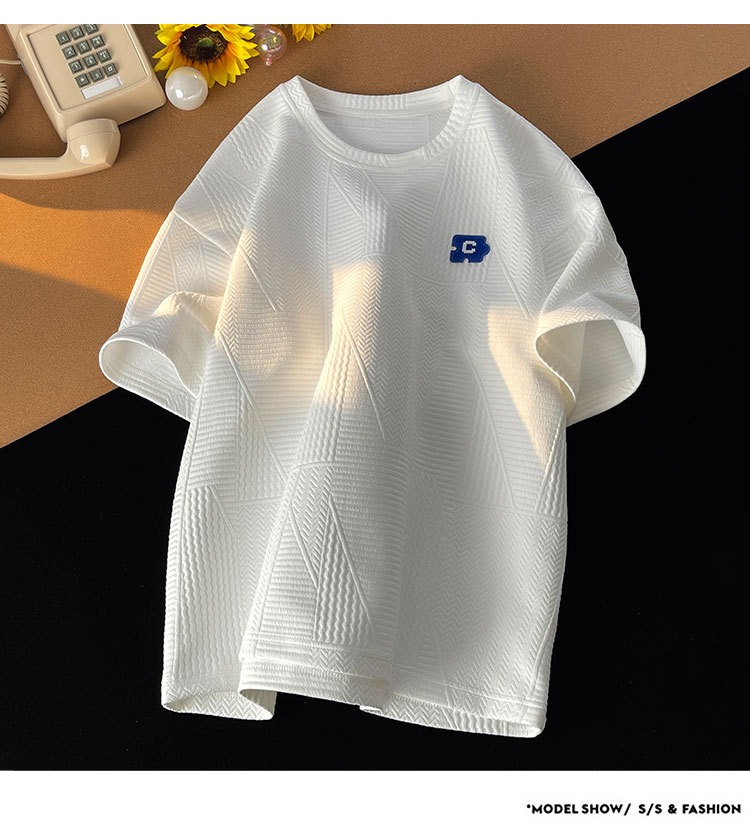 控48 夏港风重磅高克重圆领短袖华夫格男T恤休闲百搭小清晰详情8