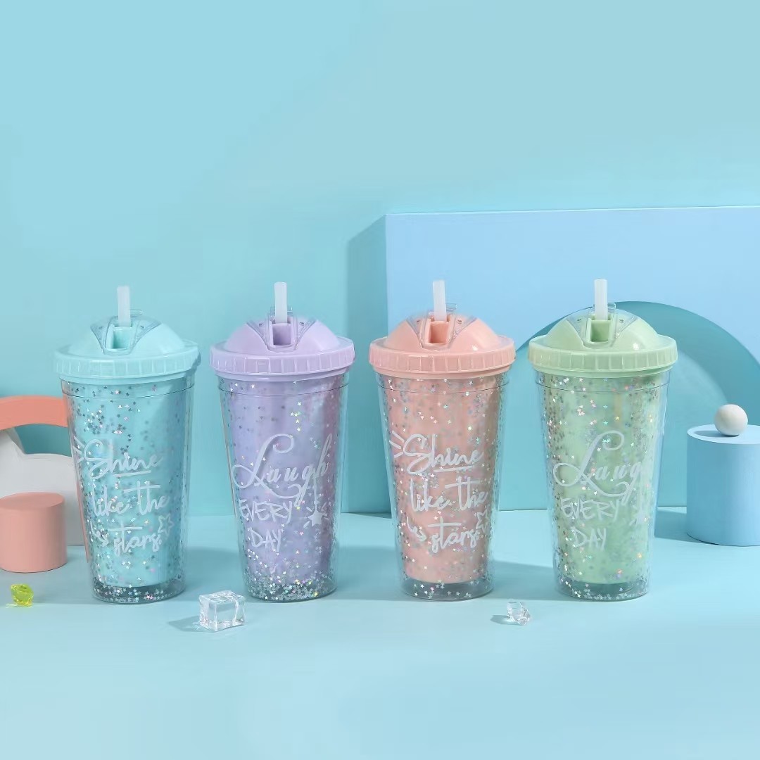 Simple and high-appearance double-layer transparent summer portable household straight plastic water cup, student seven-color foam straw cup pic 4