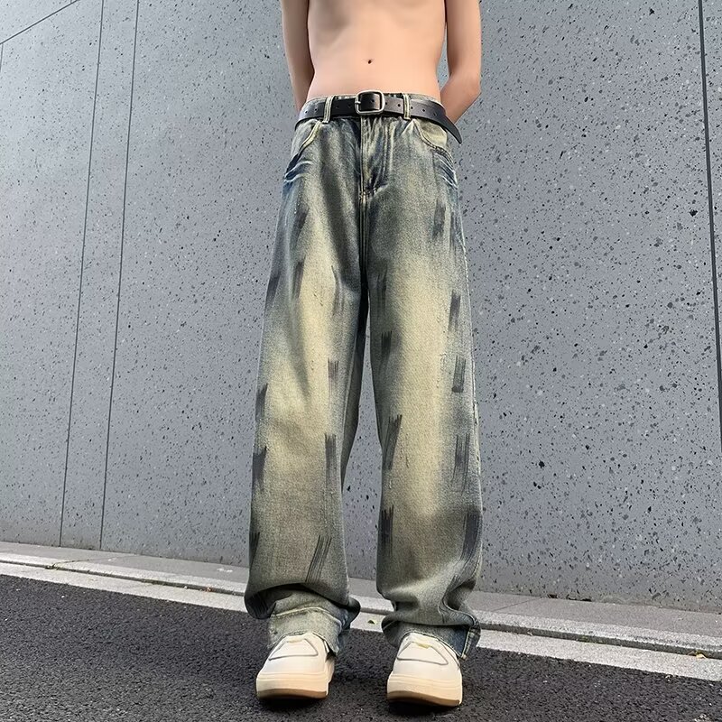 2024复古休闲做旧牛仔裤学生时尚百搭款垂感宽松阔腿拖地牛仔裤男详情2