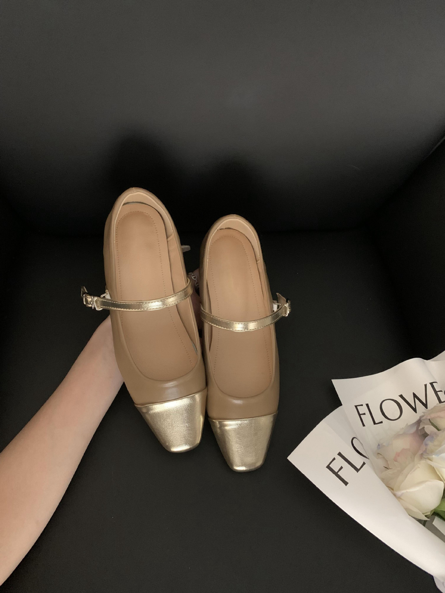 2023新款时尚方头全包百搭高跟鞋女法式拼色小香风平底玛丽珍鞋女详情15