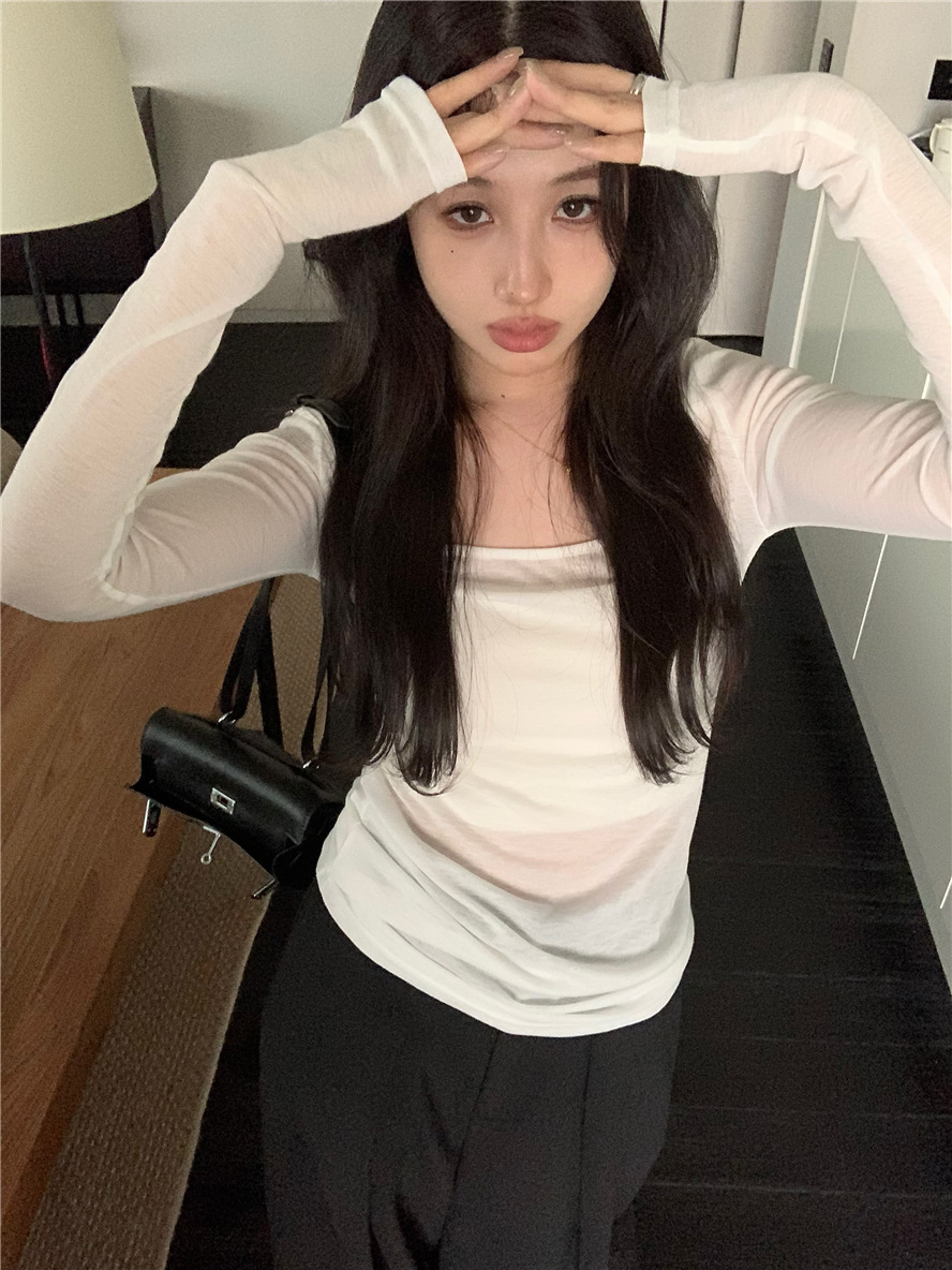 基础款纯色简约百搭舒适慵懒风薄款上衣U领打底衫内搭长袖t恤女详情19