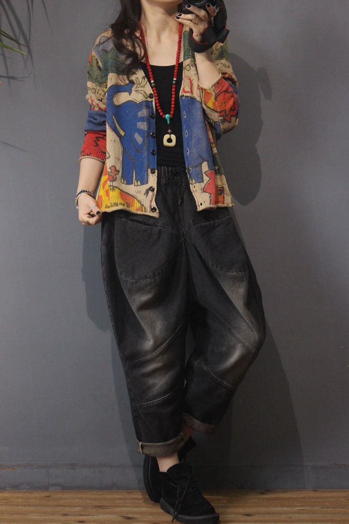 Spring 2021 new printed knitted cardigan for women, retro ethnic style, loose, large-sized, slimming long-sleeved top pic 4