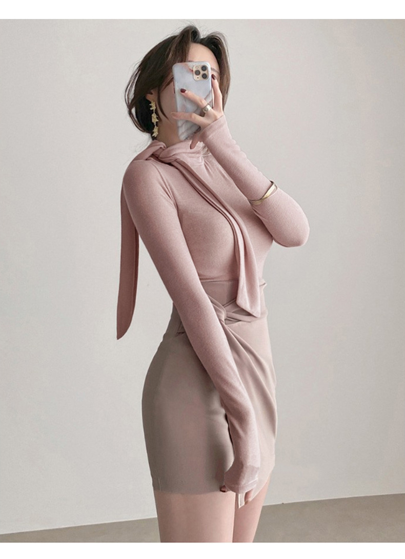 女人味飘带紧身高领长袖T恤女 韩国东大门新款温柔奶油粉女式上衣详情8