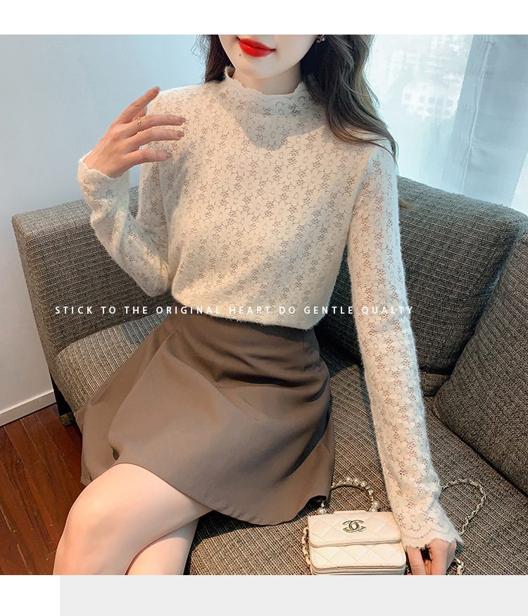 A stylish and youthful 2023 autumn collection, paired with a semi-high-neck top, long-sleeved small stand-up collar, and a youthful lace base layer for women pic 28