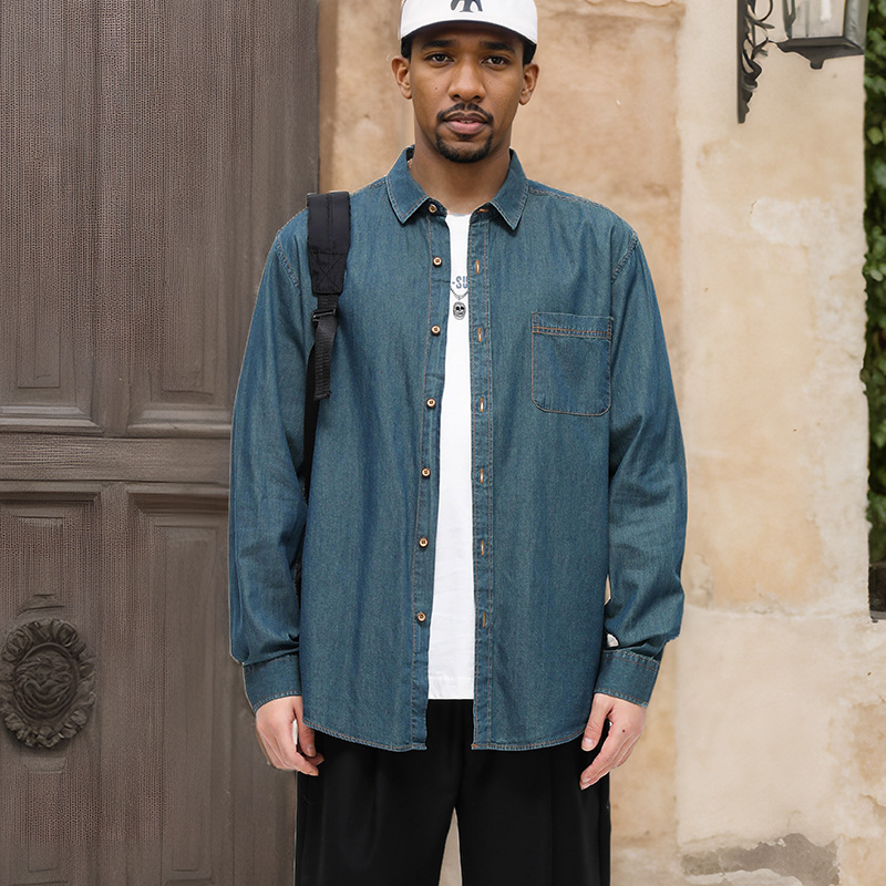 跨境美式牛仔衬衫男纯棉免烫纯色长袖男款休闲外套外贸潮流男装详情13